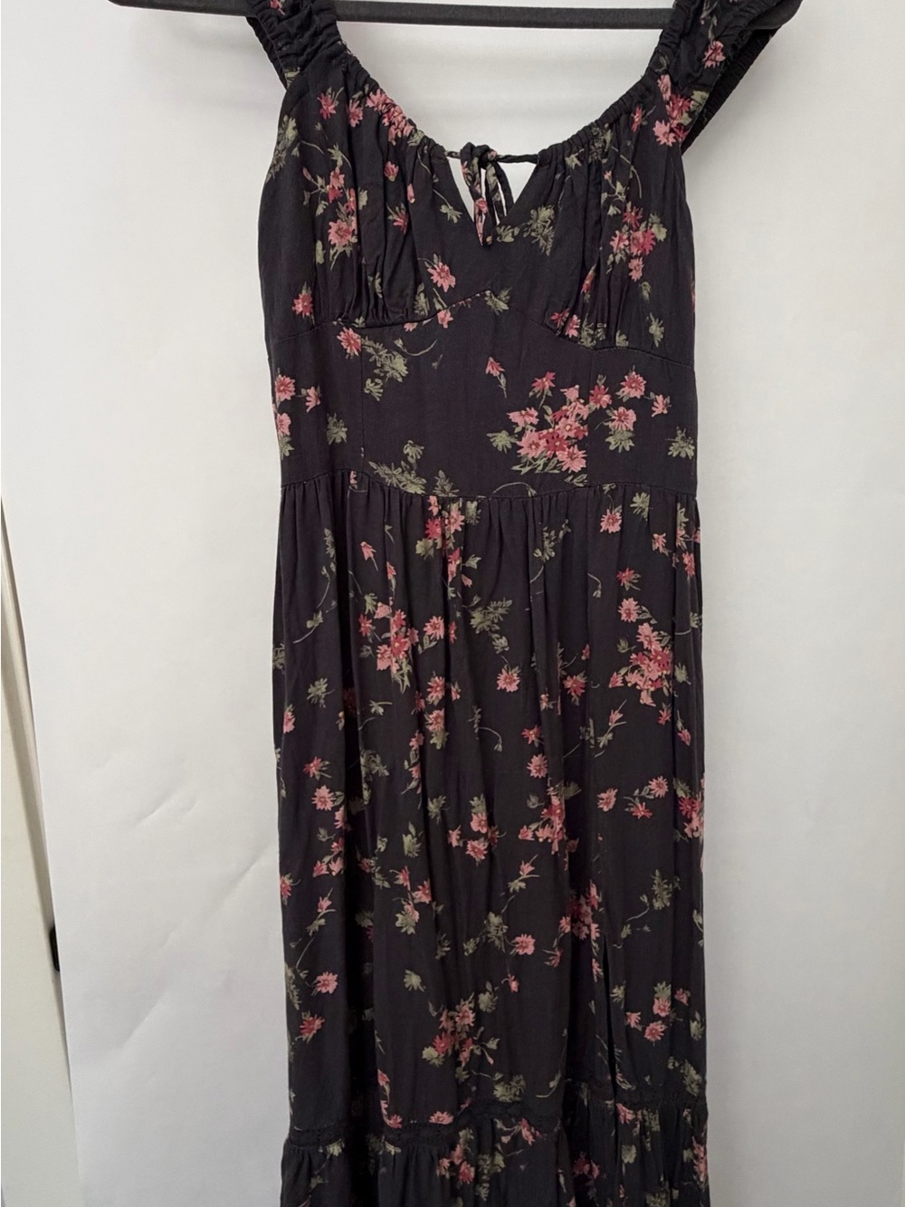 Arizona Black Pink Floral Cottagecore Milkmaid Midi Dress - Size Medium
